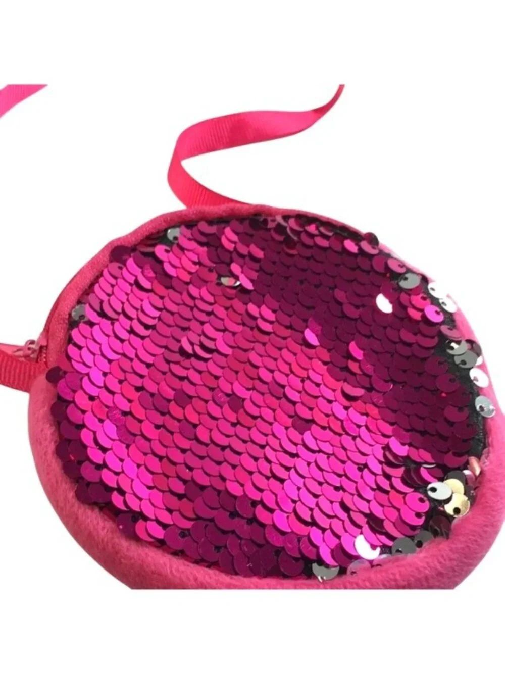 Girls Small Zip Purse/Bag Sequined Pink/Silver 4 x 4 Round Ribbon Strap 18.5 “